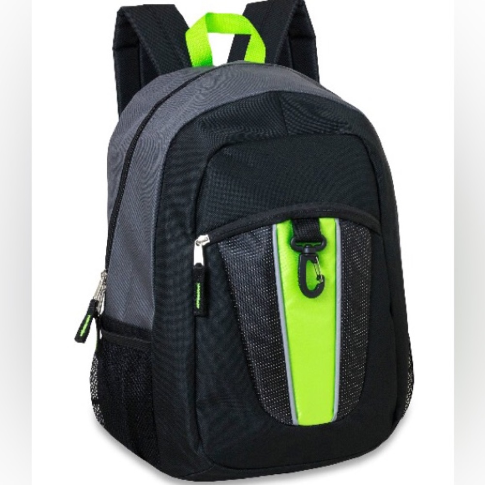NWT! 17” Carabinder Clip Backpack w/Padded Straps NEON Center Stripe & Black